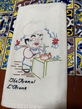Vintage Embroidered White Tea Kitchen Towel with Chef Motif